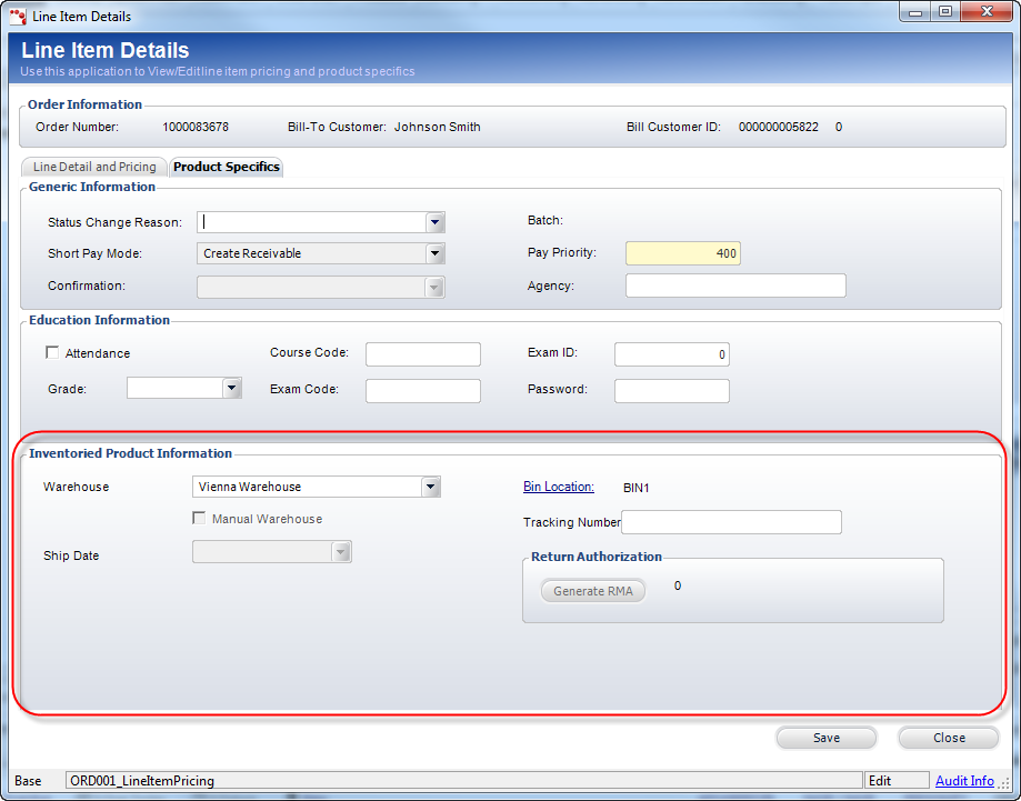 Changing Inventoried Product Order Line Item Details